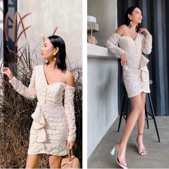 Self-Portrait Textured Cream Off-Shoulder Mini Dress - Picture 1 of 15